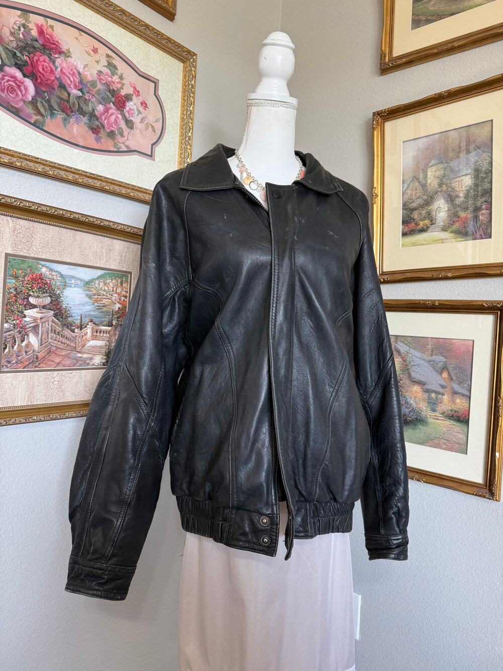 Vintage Black PACC Leather Bomber Jacket